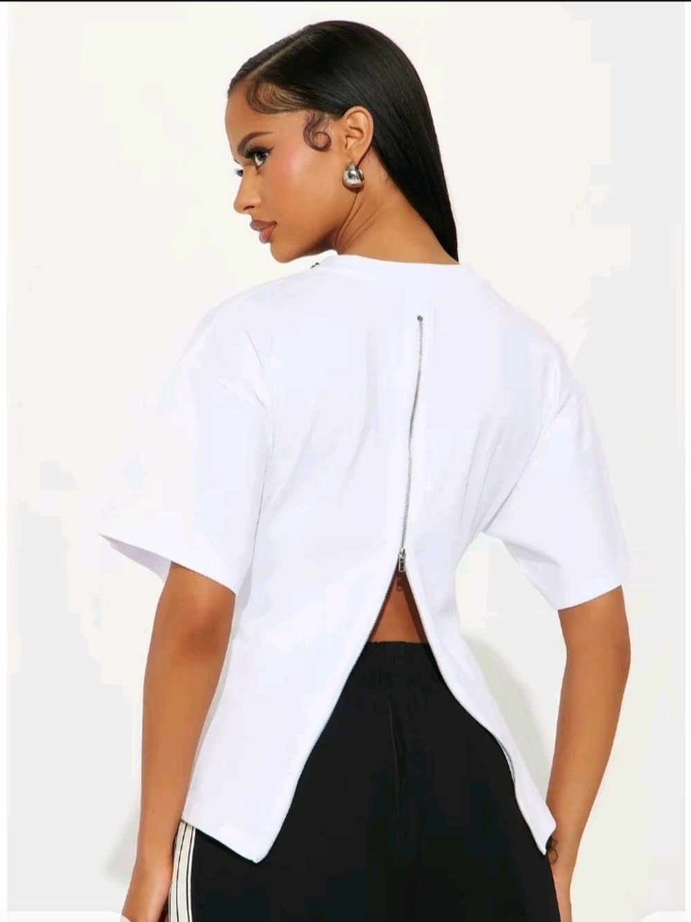 Fashion Nova White Short Sleeve Tee with Back Zip and Split Hem